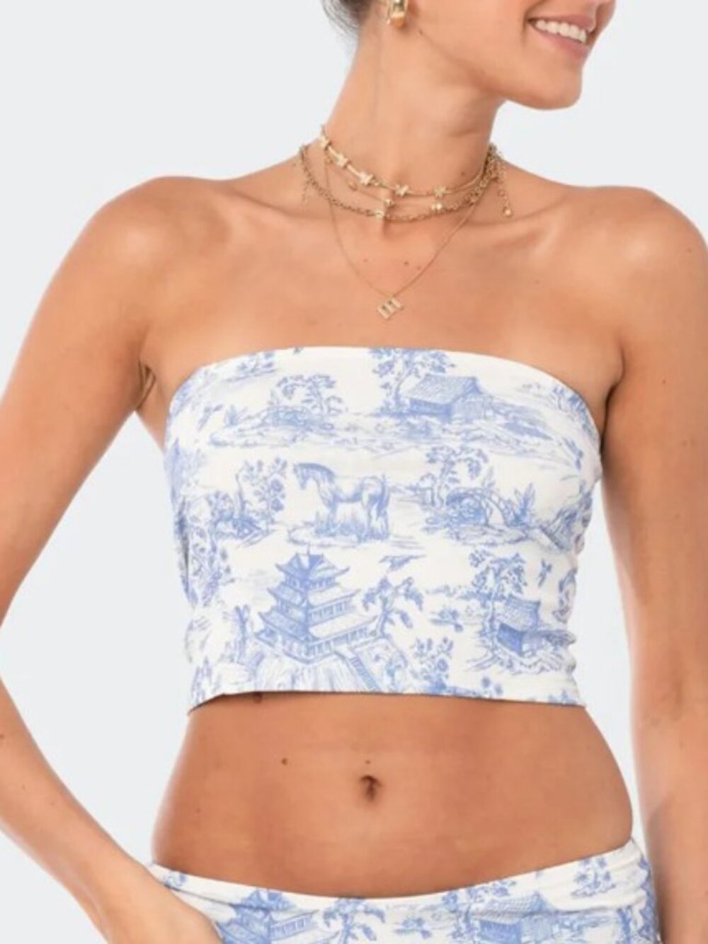 Edikted Delft Print Strapless Top